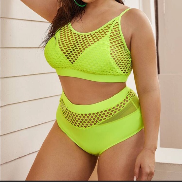 SHEIN Other - SHEIN Neon Green Fishnet High Waisted Swimsuit